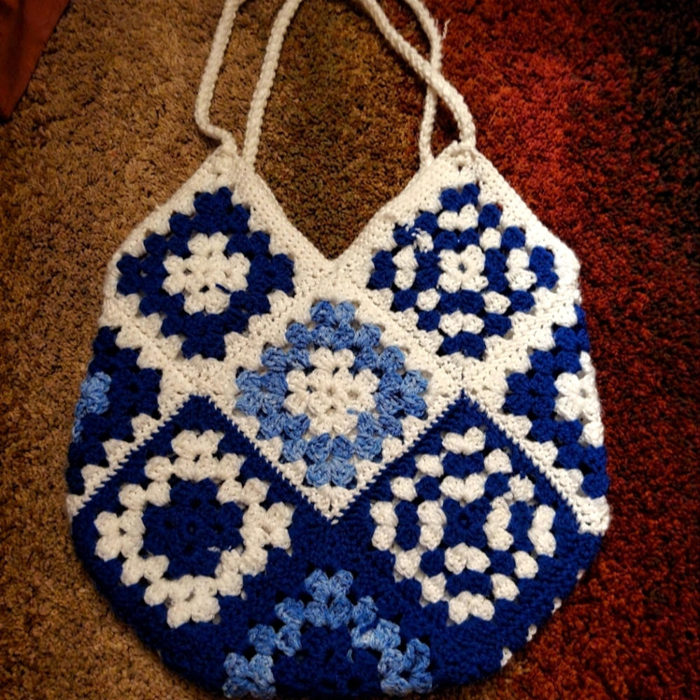 Handmade white & blue crochet side bag